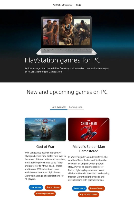 Sony PC game introduction page